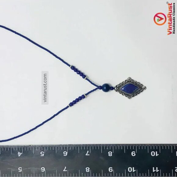 Artisan Lapis Lazuli Diamond Pendant Necklace, Ethnic Lapis Lazuli Pendant - Picture 8 of 8